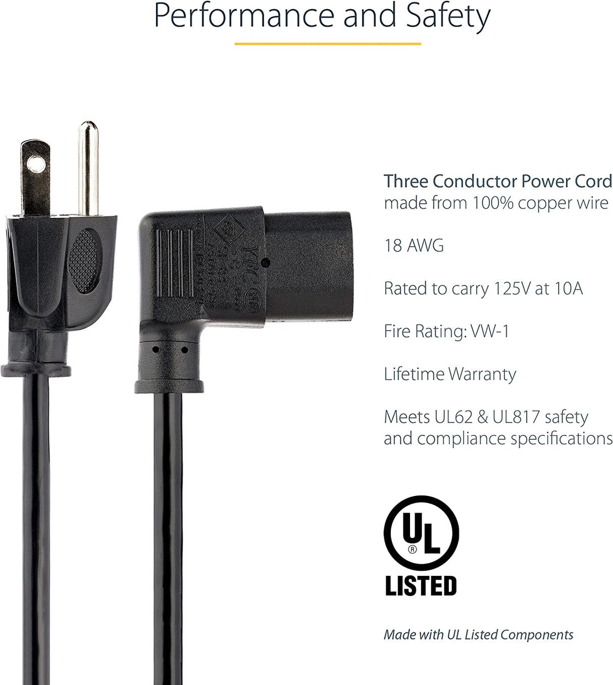 StarTech.com 6ft (2m) Computer Power Cord, NEMA 5-15P to Right Angle C13, 10A 125V, 18AWG, Replacement AC Power Cord, PC Power Supply Cable, Printer / Monitor Power Cord - UL Listed (PXT101L) 6 ft/2 m