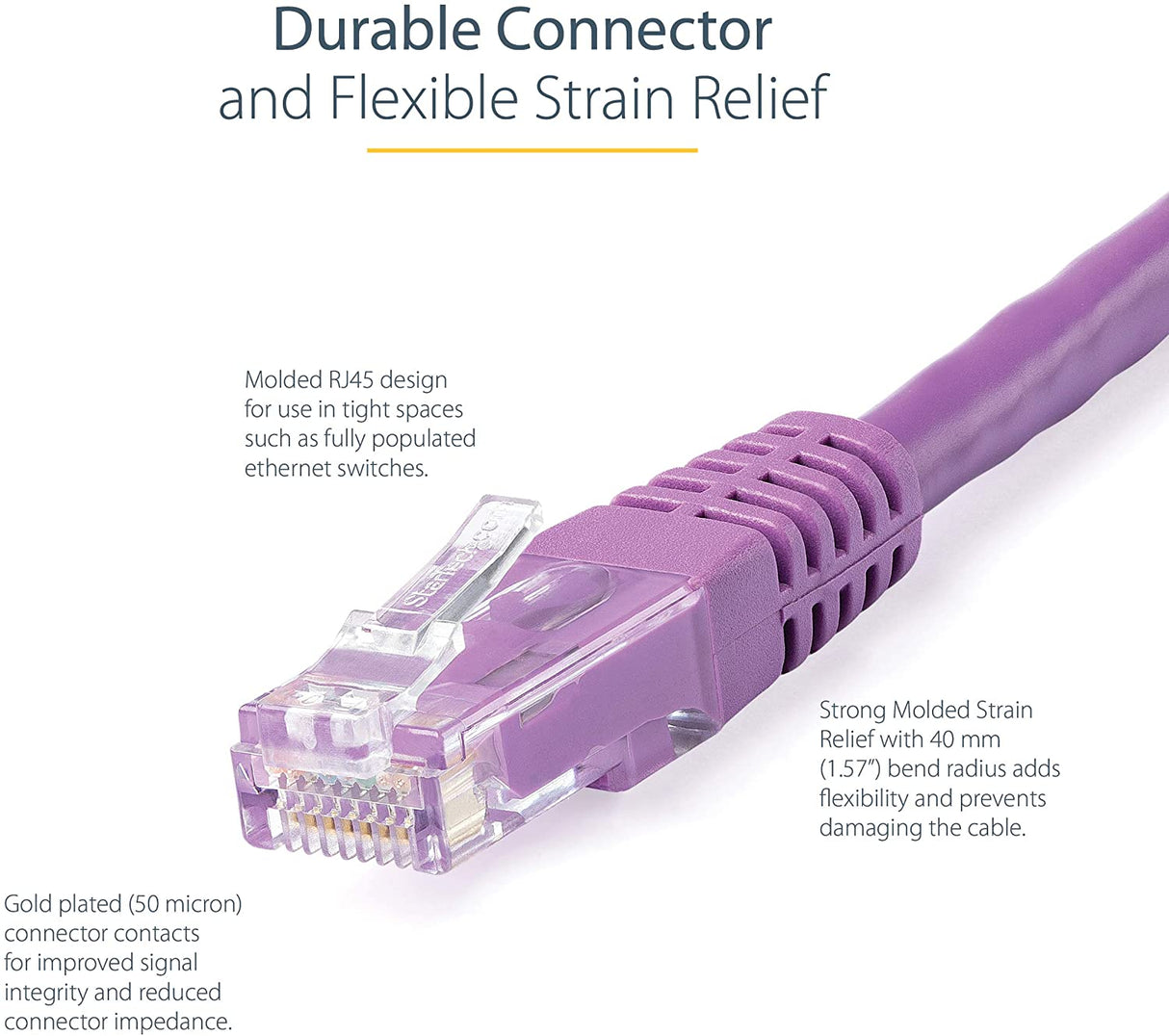 StarTech.com 25ft CAT6 Ethernet Cable - Purple CAT 6 Gigabit Ethernet Wire -650MHz 100W PoE++ RJ45 UTP Molded Category 6 Network/Patch Cord w/Strain Relief/Fluke Tested UL/TIA Certified (C6PATCH25PL) Purple 25 ft / 7.6 m 1 Pack
