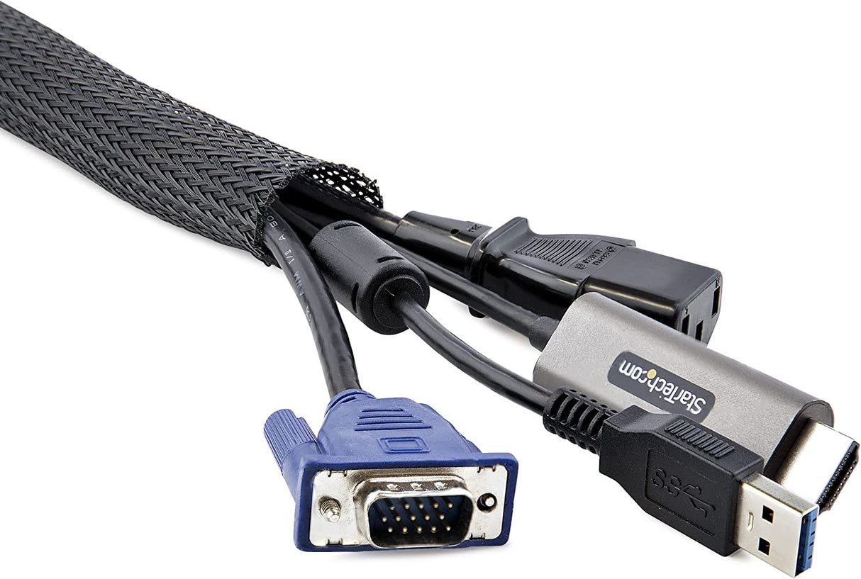 StarTech.com 10ft (3m) Cable Management Sleeve, Trimmable Heavy Duty Cable Wrap, 1.2" (3cm) Dia. Polyester Mesh Computer Cable Manager/Protector/Concealer, Black Cord Organizer/Hider (WKSTNCMFLX)