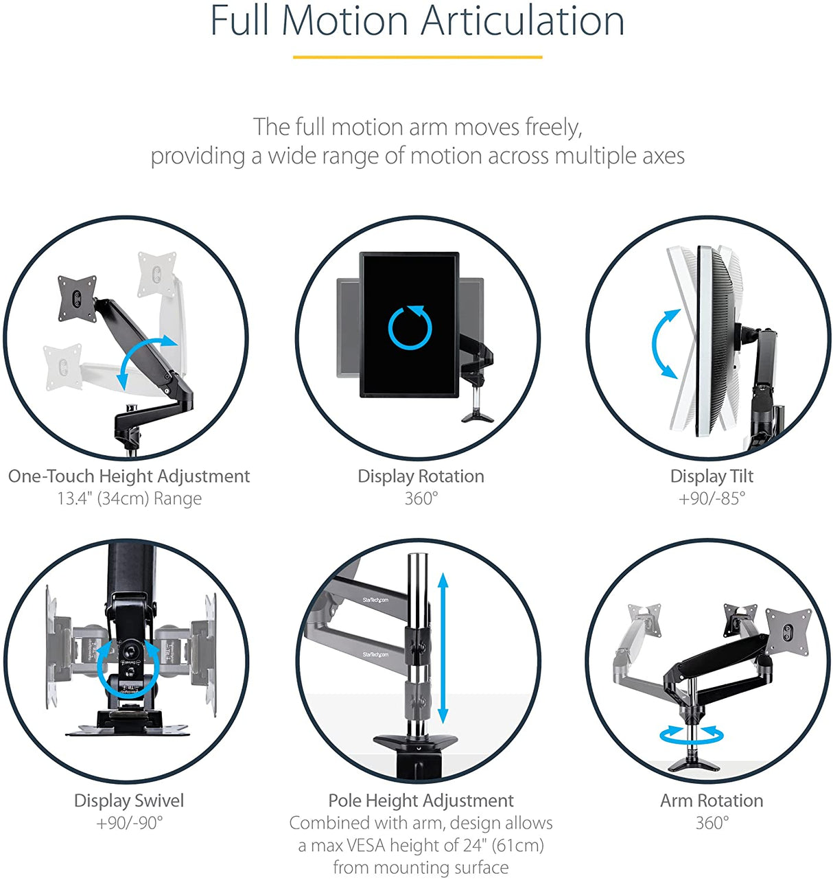 StarTech.com Desk Mount Monitor Arm for Single VESA Display up to 32" or 49" Ultrawide 8kg/17.6lb - Full Motion Articulating & Height Adjustable - C-Clamp, Grommet - Single Monitor Arm (ARMPIVOTE2)