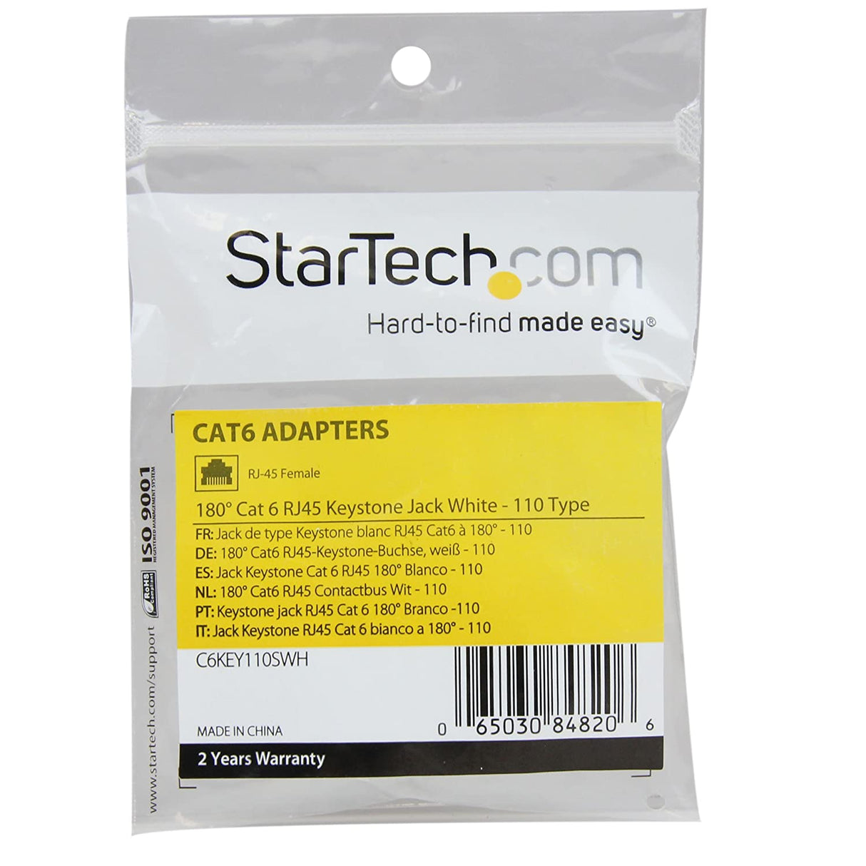 StarTech.com 180 Degree Cat 6 Keystone Jack - RJ45 Ethernet Cat6 Wall Jack White - 110 Type - Keystone Jack 180 Degree 110 UTP (C6KEY110SWH) White Cat 6 - 180 Degree