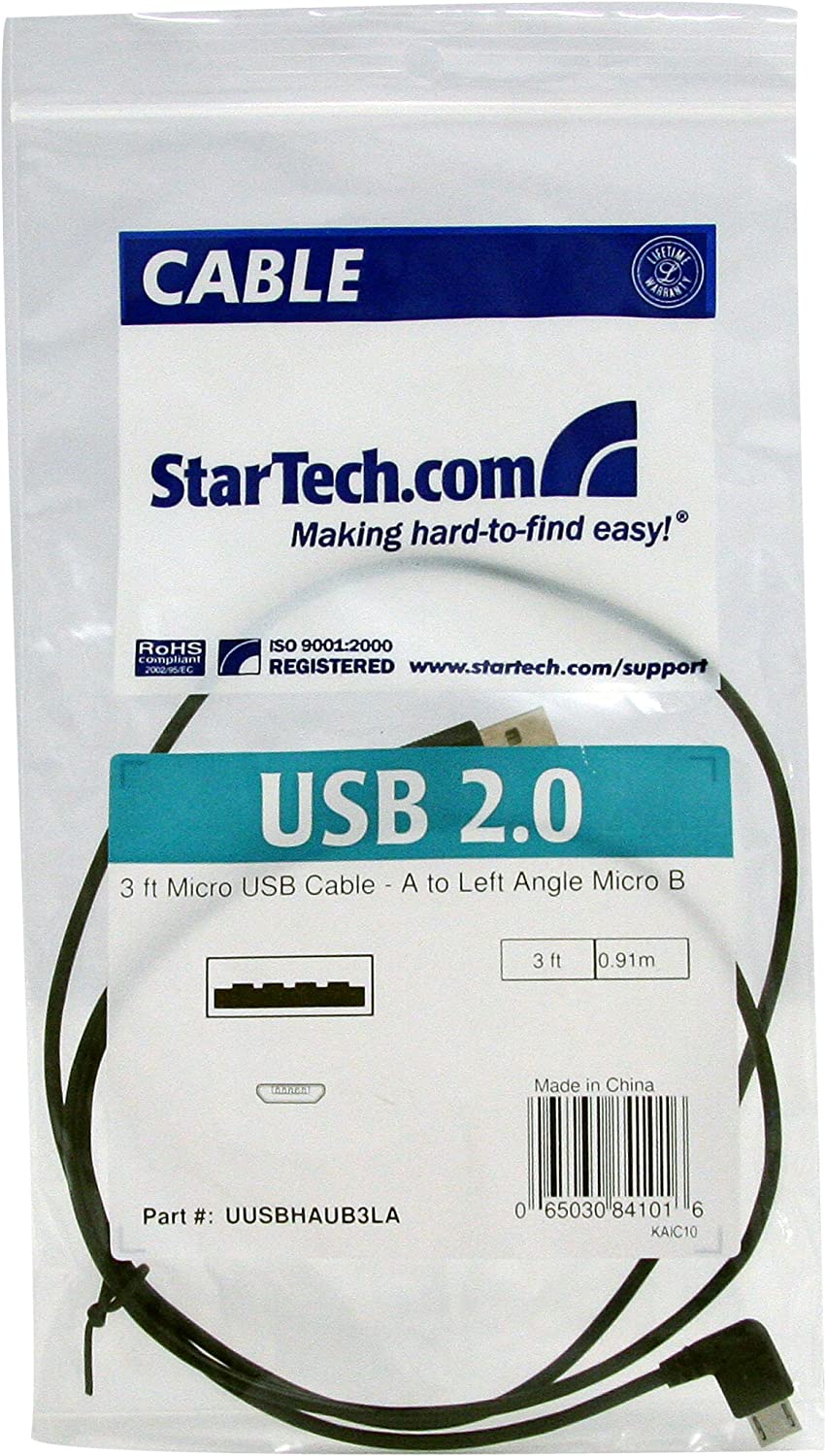 StarTech.com 3 ft / 91cm Micro USB Cable - A to Left Angle Micro B - USB Type A - 90 Degree Micro-USB Type B (M) - Black (UUSBHAUB3LA) 3 ft / 1m Left Angle