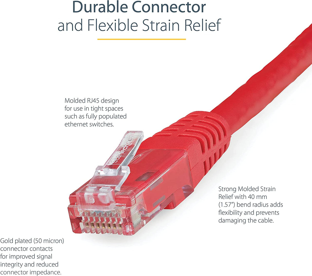 StarTech.com 50ft CAT6 Ethernet Cable - Red CAT 6 Gigabit Ethernet Wire -650MHz 100W PoE++ RJ45 UTP Molded Category 6 Network/Patch Cord w/Strain Relief/Fluke Tested UL/TIA Certified (C6PATCH50RD) Red 50 ft / 15 m 1 Pack