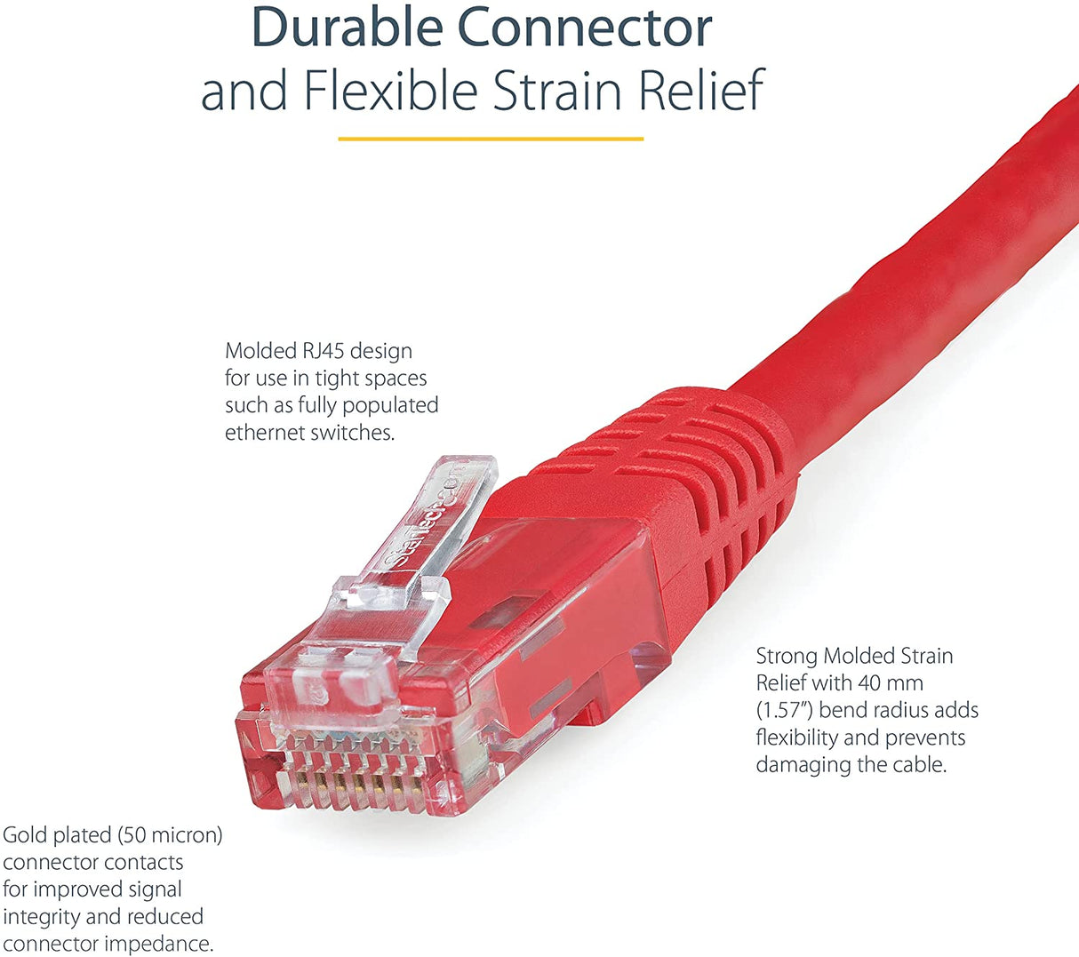 StarTech.com 2ft CAT6 Ethernet Cable - Red CAT 6 Gigabit Ethernet Wire -650MHz 100W PoE++ RJ45 UTP Molded Category 6 Network/Patch Cord w/Strain Relief/Fluke Tested UL/TIA Certified (C6PATCH2RD) Red 2 ft / 0.6 m 1 Pack