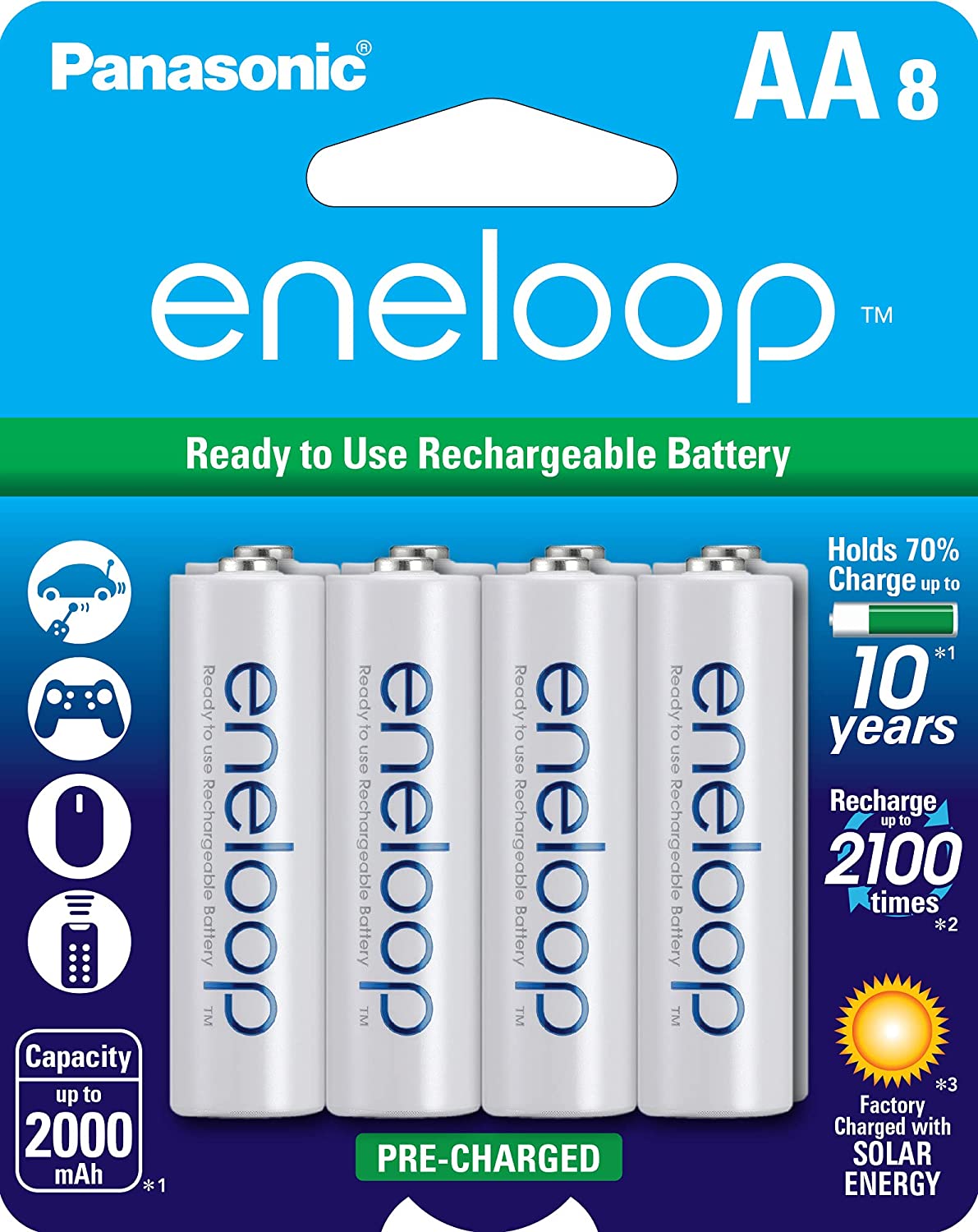 Panasonic BK-3MCCA8BA eneloop AA 2100 Cycle Ni-MH Pre-Charged Rechargeable Batteries, 8-Battery Pack