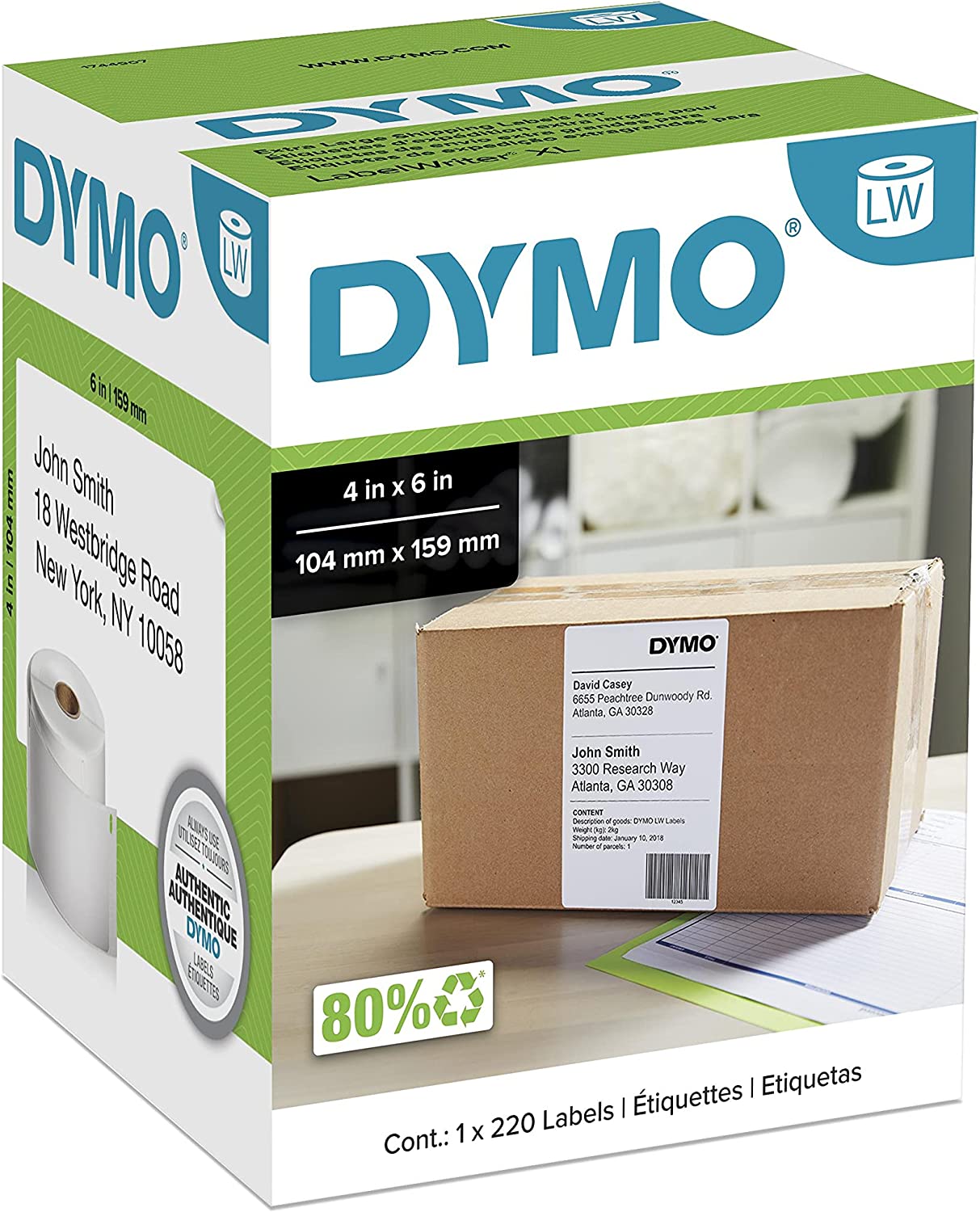 DYMO LabelWriter Label Thermal, Printer Labels Shipping Extra Large 4" x 6" 220 Labels, Box of 1, White (1744907)