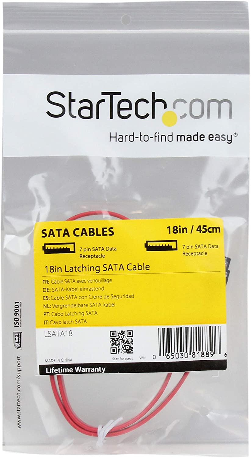 StarTech.com 18in Latching SATA Cable - SATA Cable - Serial ATA 150/300/600 - SATA (R) to SATA (R) - 1.5 ft - latched - red - LSATA18 18 Inch Standard - Latching