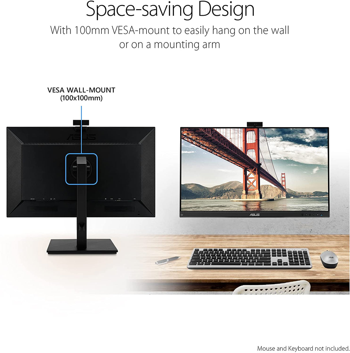 ASUS 27” 1080P Video Conference Monitor (BE279QSK) - Full HD, IPS, Built-in Adjustable 2MP Webcam, Mic Array, Speakers, Eye Care, Wall Mountable, Frameless, HDMI, DisplayPort, VGA, Height Adjustable 27" IPS w/Webcam & DisplayPort