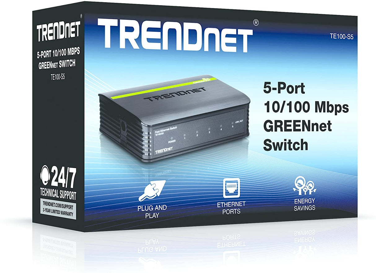 TRENDnet 5-Port Unmanaged 10/100 Mbps GREENnet Ethernet Desktop Plastic Housing Switch, 5 X 10/100 Mbps Ports, 1Gbps Switching Capacity, TE100-S5 5-Port Fast Ethernet