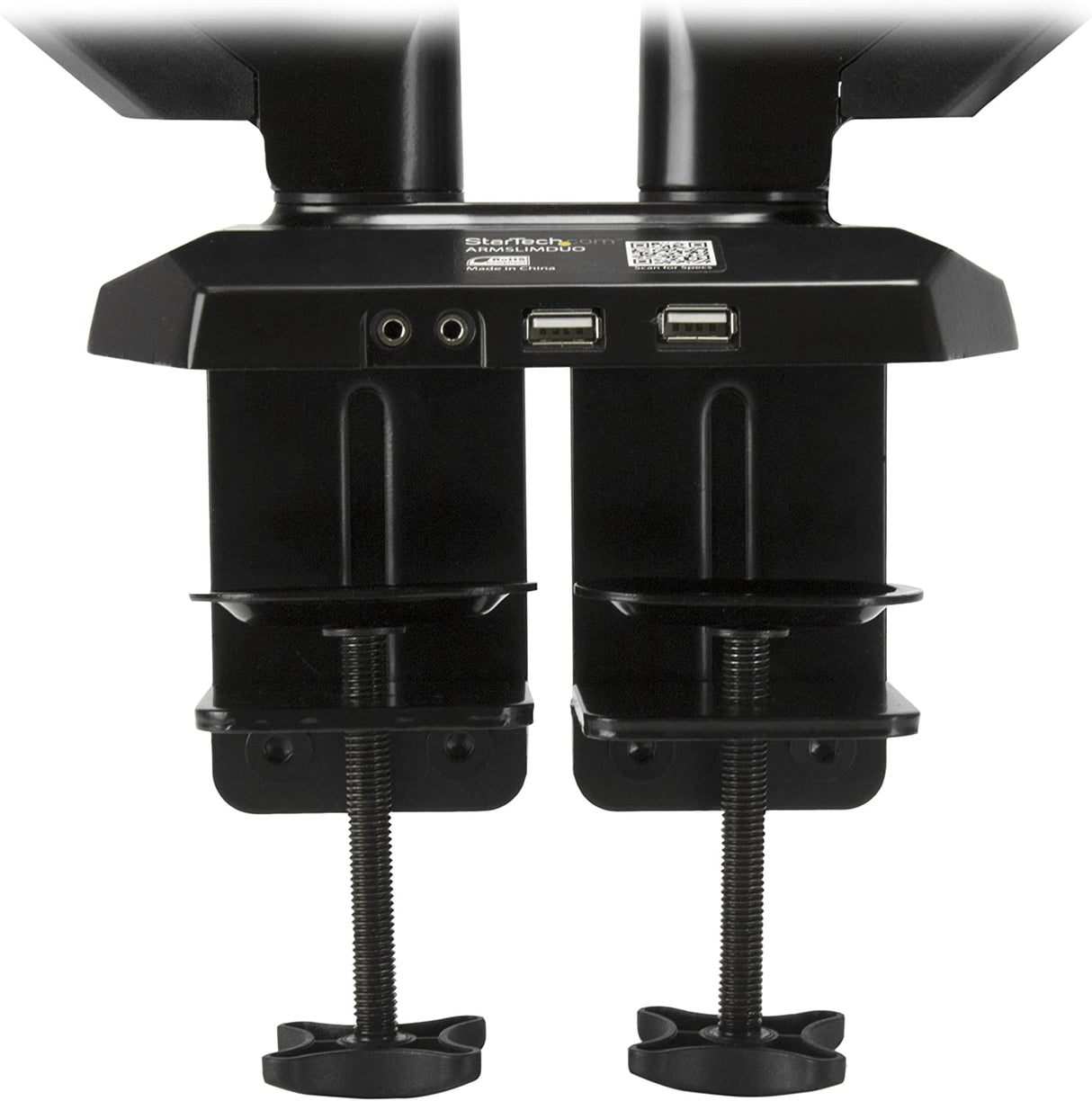 StarTech.com Desk Mount Dual Monitor Arm - Adjustable - Supports Monitors 12” to 30” - Full Motion VESA Mount Double Monitor Arm - Desk Clamp - Black (ARMSLIMDUO) Desk Mount - Pass-thru USB & Audio Full Motion Spring Arms