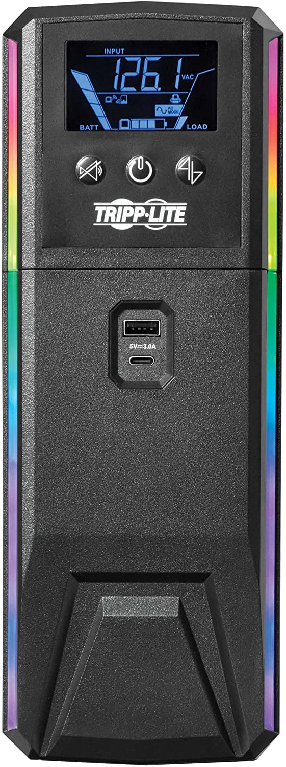 Tripp Lite Pure Sine Wave Gaming UPS Battery Backup, 600VA 360W 120V, Detachable LCD, Automatic Voltage Regulation, USB, RGB LED Lights, 3-Year Warranty & $250K Insurance (SMART600PSGLCD) 600VA Gaming UPS