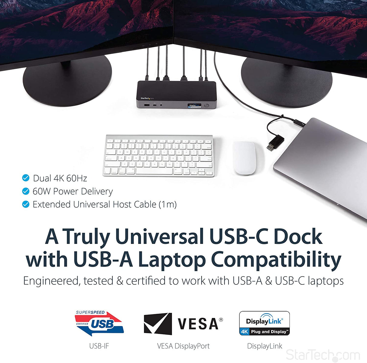StarTech.com USB-C & USB-A Dock - Hybrid Universal Laptop Docking Station with Dual Monitor 4K60Hz HDMI & DisplayPort - USB 3.1 Gen 1 Hub, GbE - 60W Power Delivery - Windows, Mac & Chrome (DK30C2DPPD)