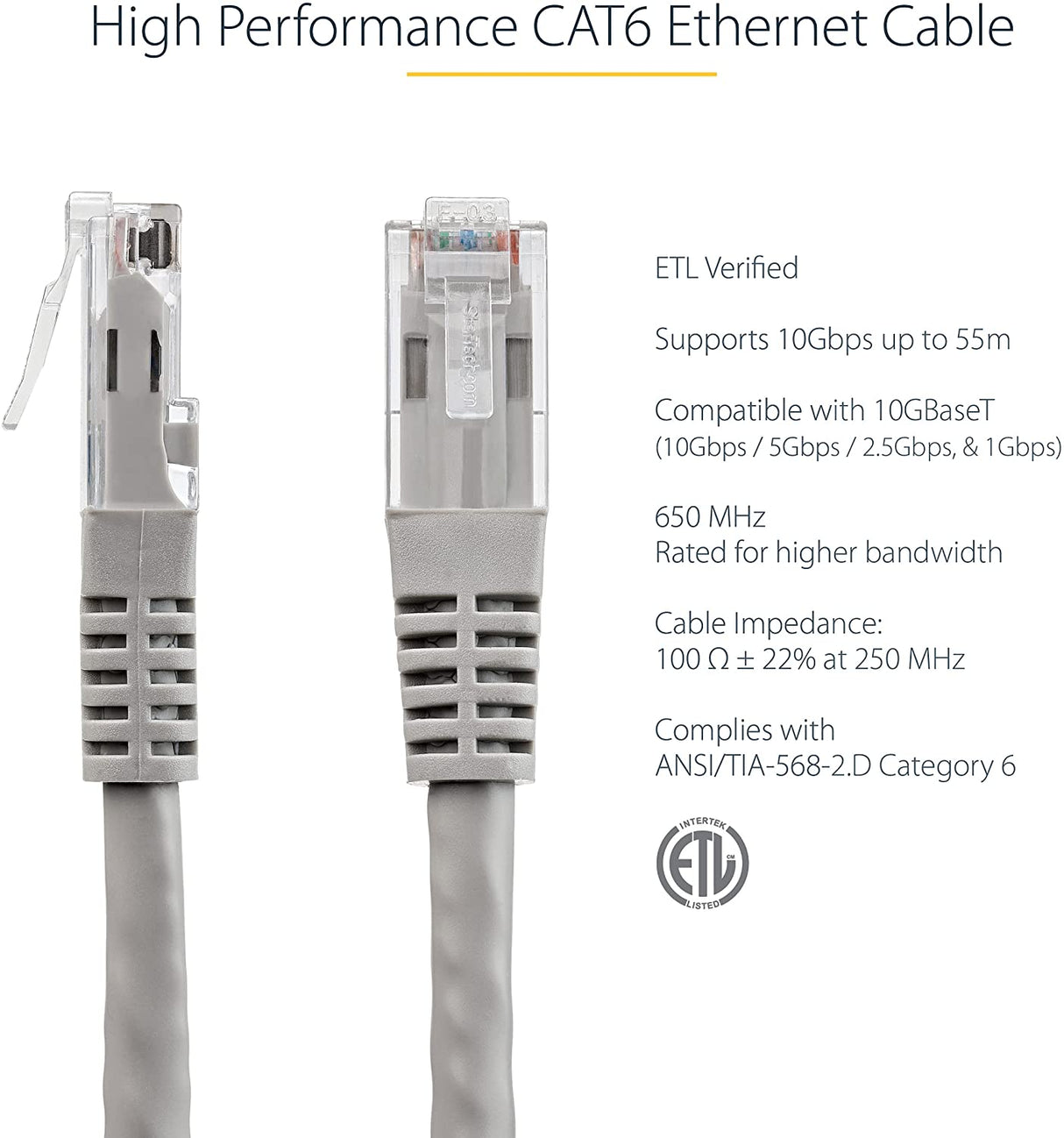 StarTech.com 50ft CAT6 Ethernet Cable - Gray CAT 6 Gigabit Ethernet Wire -650MHz 100W PoE++ RJ45 UTP Molded Category 6 Network/Patch Cord w/Strain Relief/Fluke Tested UL/TIA Certified (C6PATCH50GR) Grey Gray 50 ft / 15 m 1 Pack