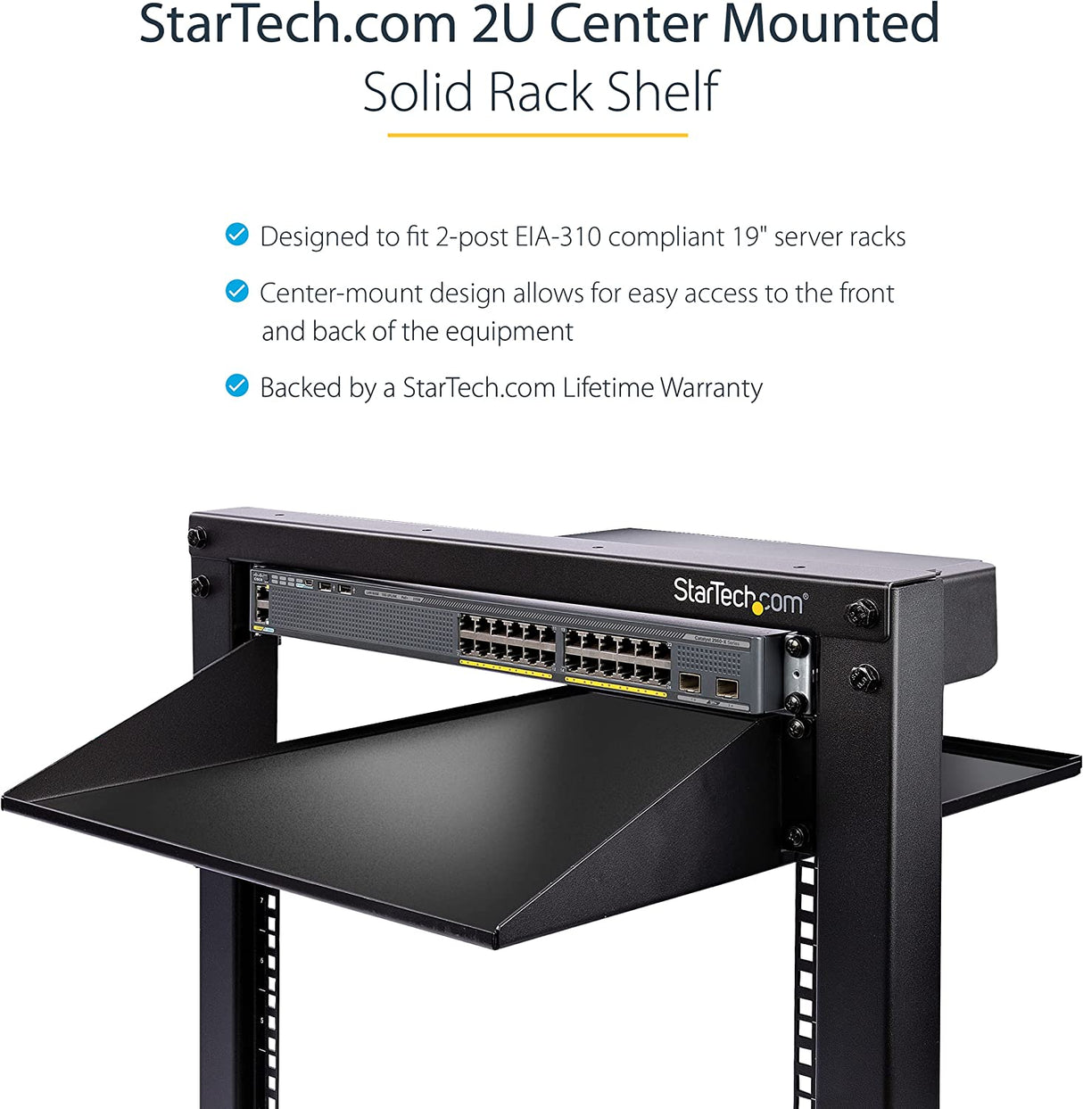 StarTech.com 2U 19" 2-Post Network Rack Cabinet Shelf - 20in Deep Center Mount Cantilever Tray Rackmount Shelf for AV/Data Equipment Enclosure w/Cage Nuts & Screws 75lb Weight Capacity (CABSHF2POST2)