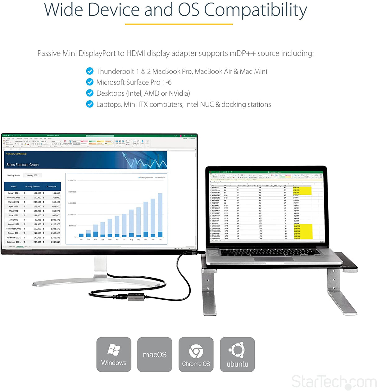 StarTech.com Mini DisplayPort to HDMI Adapter - 1080p - mDP 1.2 to HDMI Monitor/Display - Mini DP to HDMI Adapter Dongle Converter - 12" Long Attached Cable - Upgraded Version of MDP2HDMI (MDP2HDEC) Silver 1080p