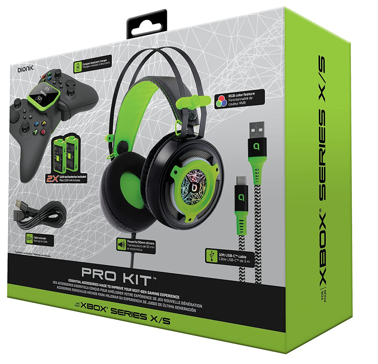 Bionik Pro Kit for Xbox Series X/S: Powerful 50Mm Driver Gaming Headset -Controller Charge Base -Two Battery Packs -Lynx Cable & USB Cable - Xbox Series X