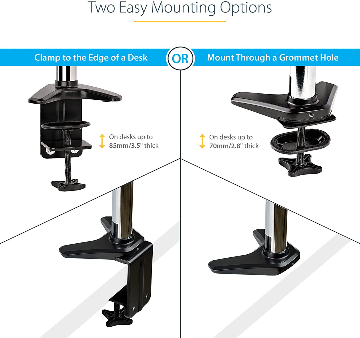 StarTech.com Desk Mount Monitor Arm for Single VESA Display up to 32" or 49" Ultrawide 8kg/17.6lb - Full Motion Articulating & Height Adjustable - C-Clamp, Grommet - Single Monitor Arm (ARMPIVOTE2)