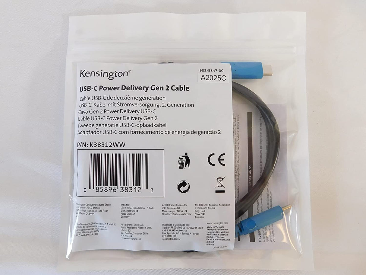 Kensington USB-C 3.2 Gen2 10Gbps Cable with USB-A Adapter - 100W Power Delivery, 1 Meter (K38312WW)