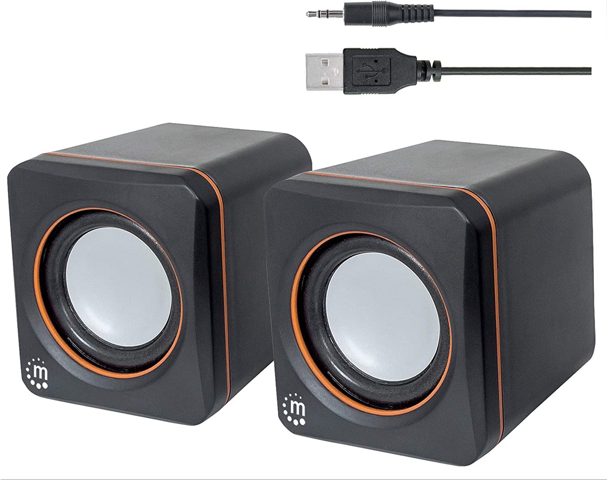 Manhattan USB Powered Stereo Speaker System - Small Size - with Volume Control & 3.5 mm Aux Audio Plug to Connect to Laptop, Notebook, Desktop, Computer - 3 Yr Mfg Warranty - Black Orange, 161435
