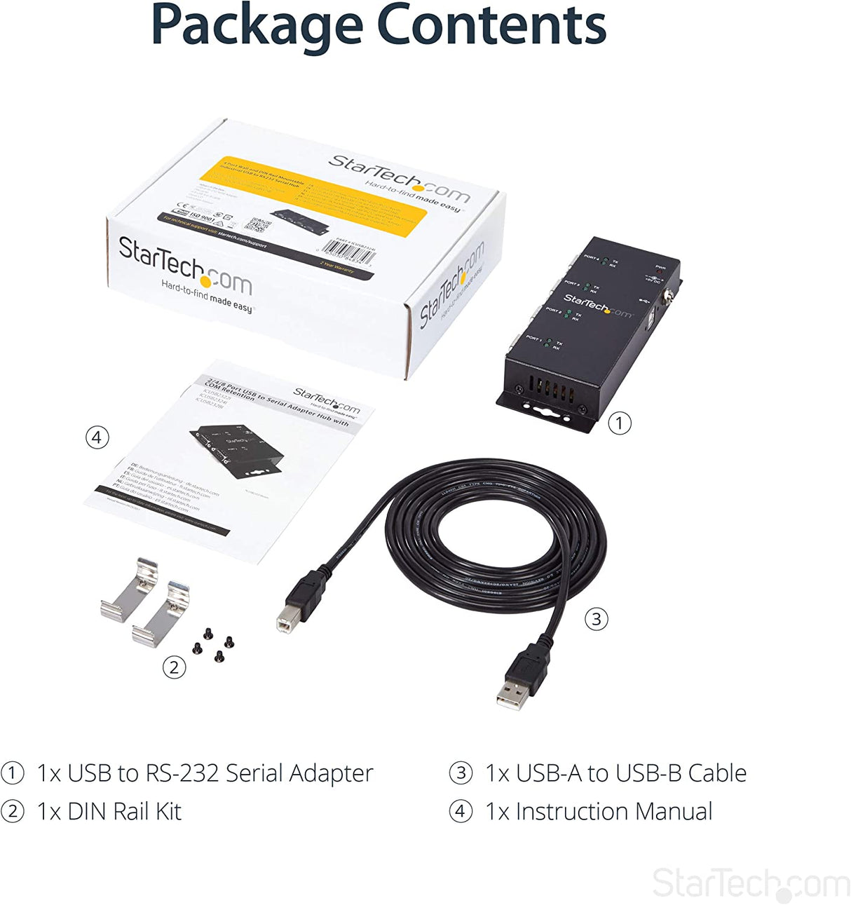StarTech.com 4 Port USB to Serial RS232 Adapter - Wall Mount - Din Rail - COM Port Retention - FTDI USB to DB9 RS232 Hub (ICUSB2324I) 4 Port Industrial Adapter