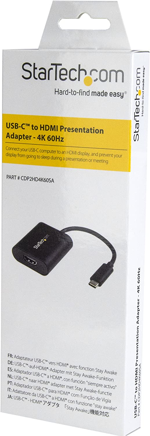 StarTech.com USB C to 4K HDMI Adapter - 4K 60Hz - Thunderbolt 3 Compatible - USB Type C to HDMI Video Display Adapter (CDP2HD4K60SA) , black