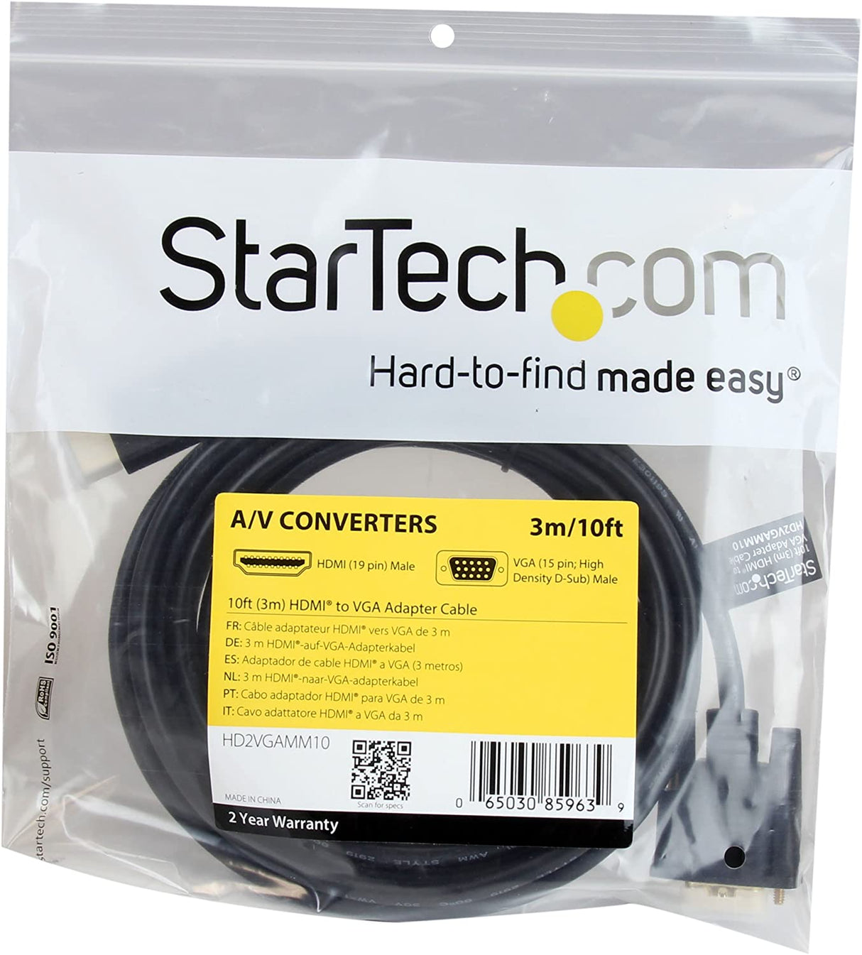 StarTech.com HDMI to VGA Cable - 10 ft / 3m - 1080p - 1920 x 1200 - Active HDMI Cable - Monitor Cable - Computer Cable (HD2VGAMM10) HDMI to VGA Cable - 10ft / 3m Cable