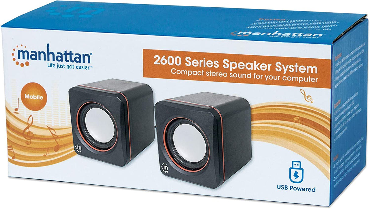 Manhattan USB Powered Stereo Speaker System - Small Size - with Volume Control & 3.5 mm Aux Audio Plug to Connect to Laptop, Notebook, Desktop, Computer - 3 Yr Mfg Warranty - Black Orange, 161435