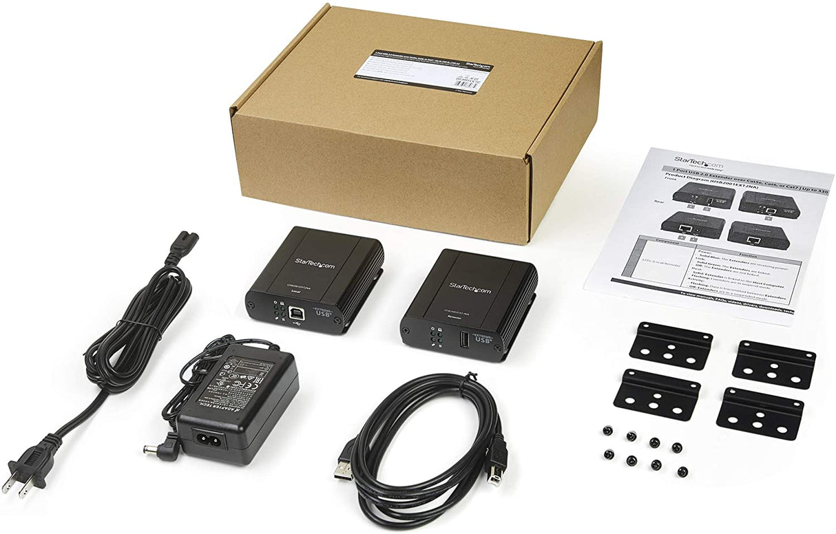 StarTech.com USB 2.0 Extender Over Cat5/Cat5e/Cat6 Ethernet Cable (RJ45) - 330ft/100m Industrial USB Extender Adapter Kit w/ESD Protection & Metal Case - Externally Powered - 480 Mbps (USB2001EXT2NA)