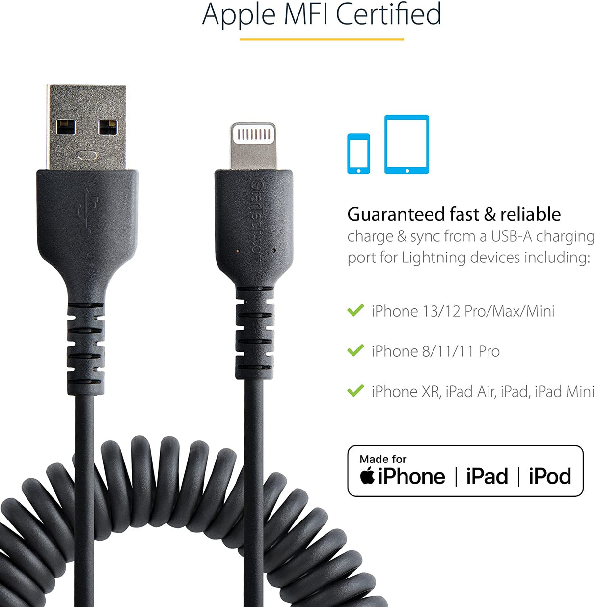 StarTech.com 50cm (20in) USB to Lightning Cable, MFi Certified, Coiled iPhone Charger Cable, Black, Durable TPE Jacket Aramid Fiber, Heavy Duty Coil Lightning Cable (RUSB2ALT50CMBC) 50cm / 20 in USB-A