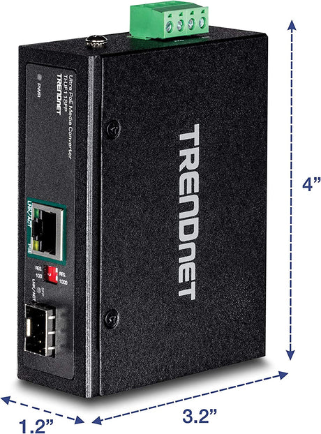 TRENDnet Hardened Industrial SFP to Gigabit UPoE Media Converter, IP30 Rated Housing, Includes DIN-Rail & Wall Mounts, Operating Temp. -40 to 75 °C (-40 to 167 °F), TI-UF11SFP, Black