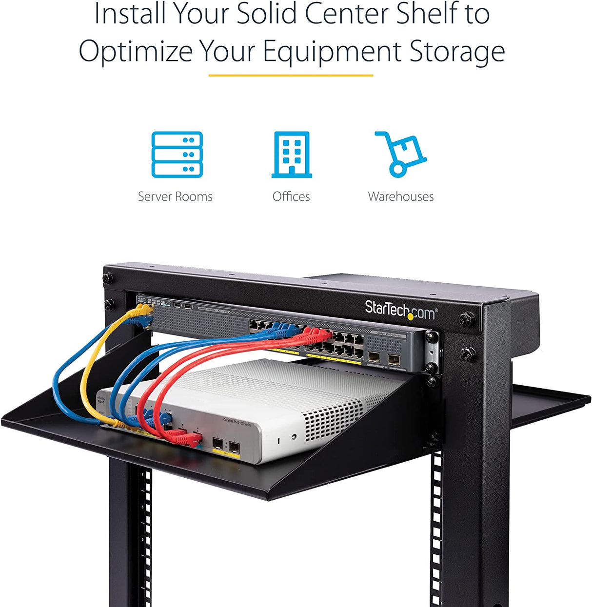 StarTech.com 2U 19" 2-Post Network Rack Cabinet Shelf - 20in Deep Center Mount Cantilever Tray Rackmount Shelf for AV/Data Equipment Enclosure w/Cage Nuts & Screws 75lb Weight Capacity (CABSHF2POST2)