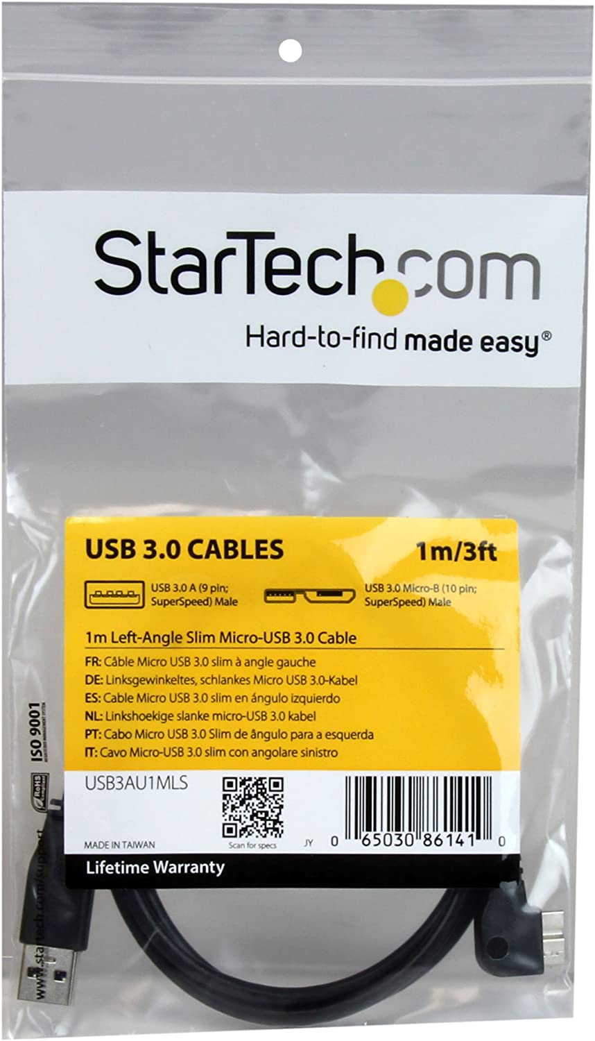 StarTech.com 1m 3 ft Slim Micro USB 3.0 Cable M/M - Left-Angle Micro-USB - USB 3.0 A to Micro B - Angled Micro USB - USB 3.1 Gen 1 (5Gbps) (USB3AU1MLS) 3 ft / 1m Left Angled Connector