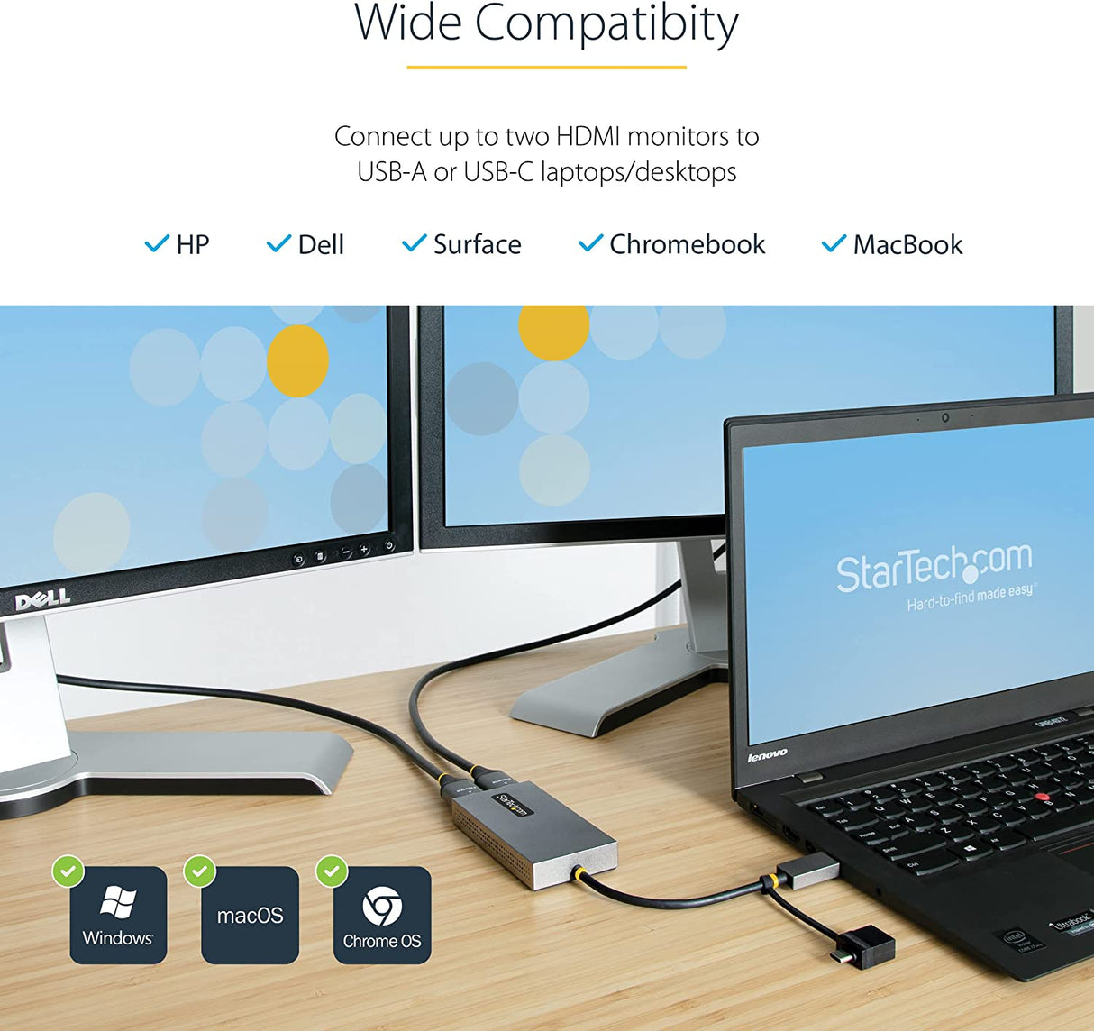 StarTech.com USB to Dual HDMI Adapter, USB A/C to 2x HDMI Displays (1x 4K30Hz, 1x 1080p), Integrated USB-A to C Dongle, 4in/11cm Cable, USB 3.0 to HDMI Display Adapter, Windows & macOS (107B-USB-HDMI) 2x HDMI | USB 3.0 | Mac & Windows OS