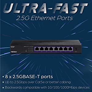 TRENDnet 8-Port Unmanaged 2.5G Switch, 8 x 2.5GBASE-T Ports, 40Gbps Switching Capacity, Backwards Compatible with 10-100-1000Mbps Devices, Fanless, Wall Mountable, Black, TEG-S380
