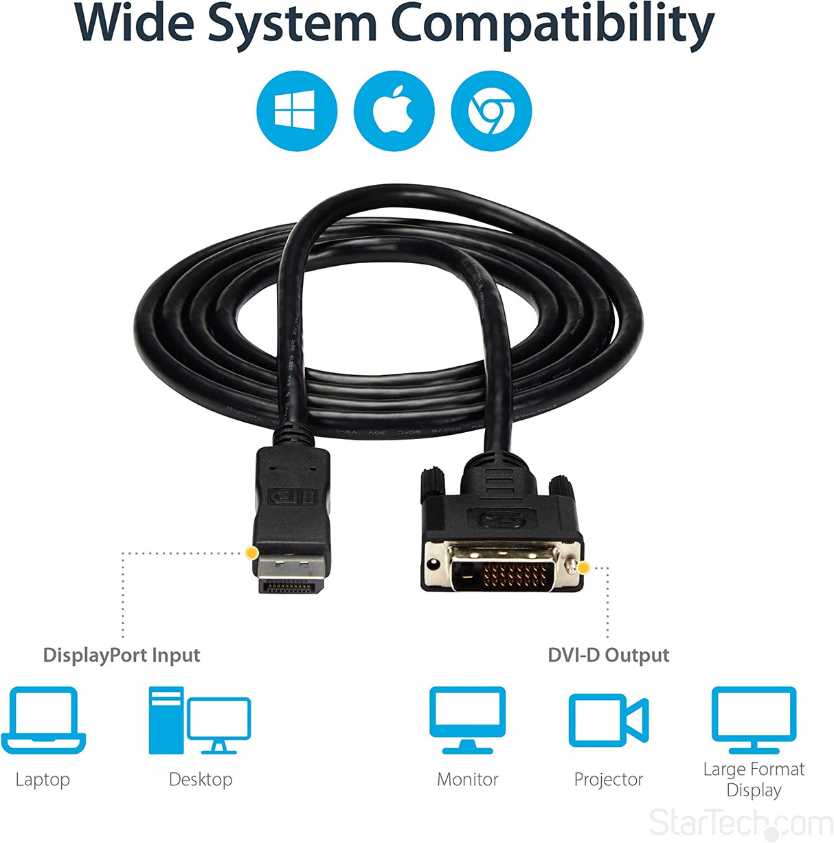 StarTech.com 6ft (1.8m) DisplayPort to DVI Cable - DisplayPort to DVI Adapter Cable 1080p Video - DisplayPort to DVI-D Cable Single Link - DP to DVI Monitor Cable - DP 1.2 to DVI Converter (DP2DVIMM6) 2m (6ft) Standard Packaging