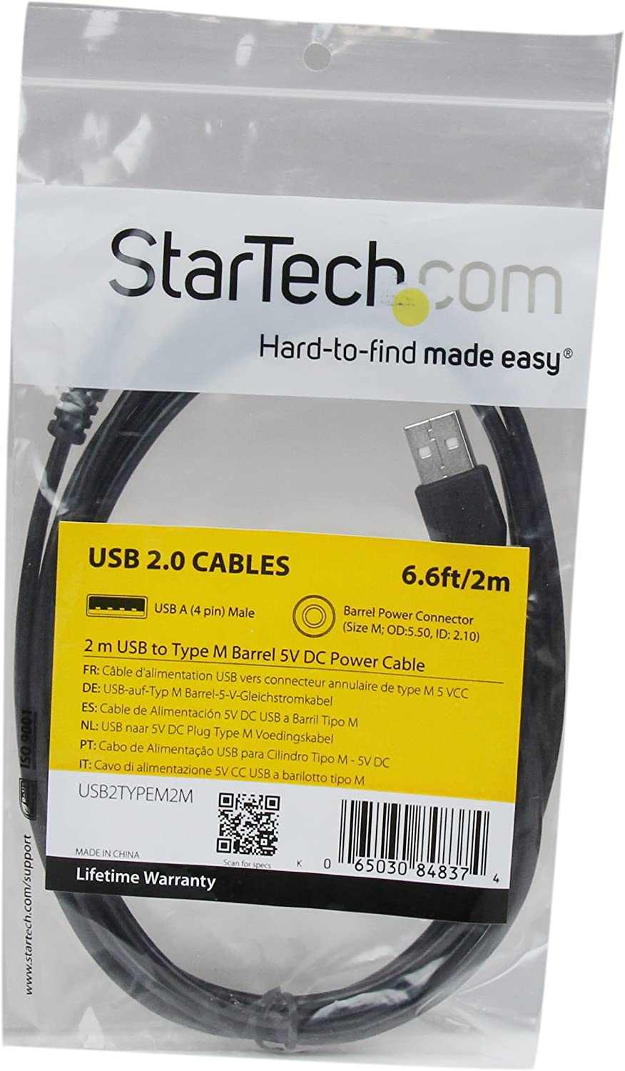 StarTech.com 2m USB to Type M Barrel Cable - USB to 5.5mm 5V DC Cable - USB to Barrel Jack 5V DC Plug (USB2TYPEM2M) Black 6 ft / 2m Type M