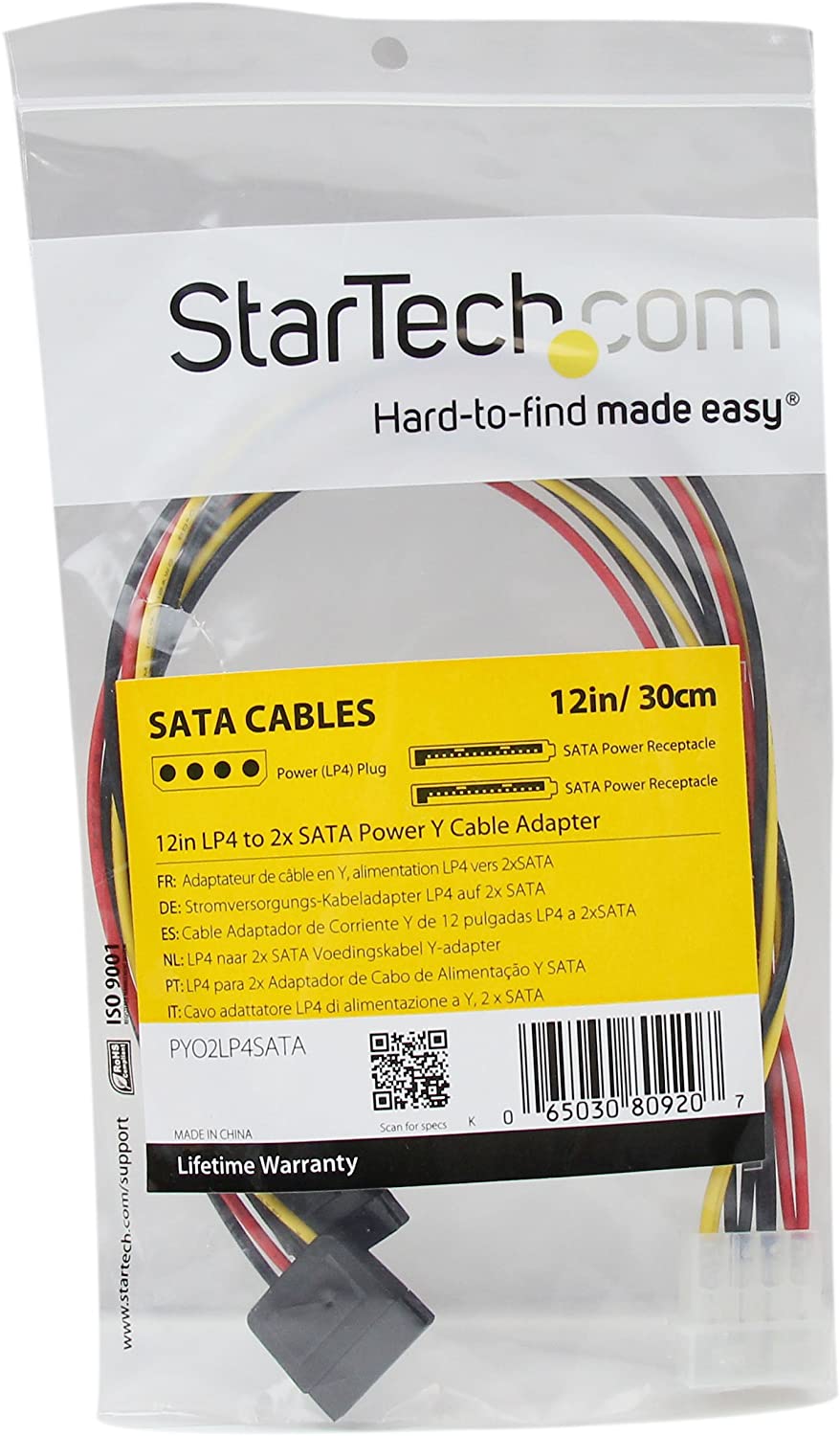 StarTech.com 12in LP4 to 2x SATA Power Y Cable Adapter - Molex to to Dual SATA Power Adapter Splitter (PYO2LP4SATA)