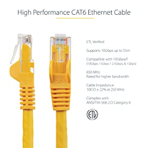 StarTech.com 75ft CAT6 Ethernet Cable - Yellow CAT 6 Gigabit Ethernet Wire - 650MHz 100W PoE RJ45 UTP Network/Patch Cord Snagless w/Strain Relief Fluke Tested/Wiring is UL Certified/TIA (N6PATCH75YL) Yellow 75 ft / 22.8 m 1 Pack