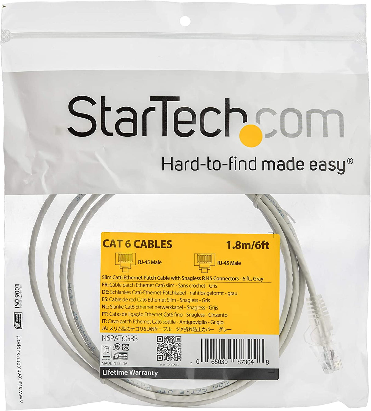 StarTech.com 6 ft CAT6 Cable - Slim CAT6 Patch Cord - Gray - Snagless RJ45 Connectors - Gigabit Ethernet Cable - 28 AWG - LSZH (N6PAT6GSR) (N6PAT6GRS) Gray 6 ft
