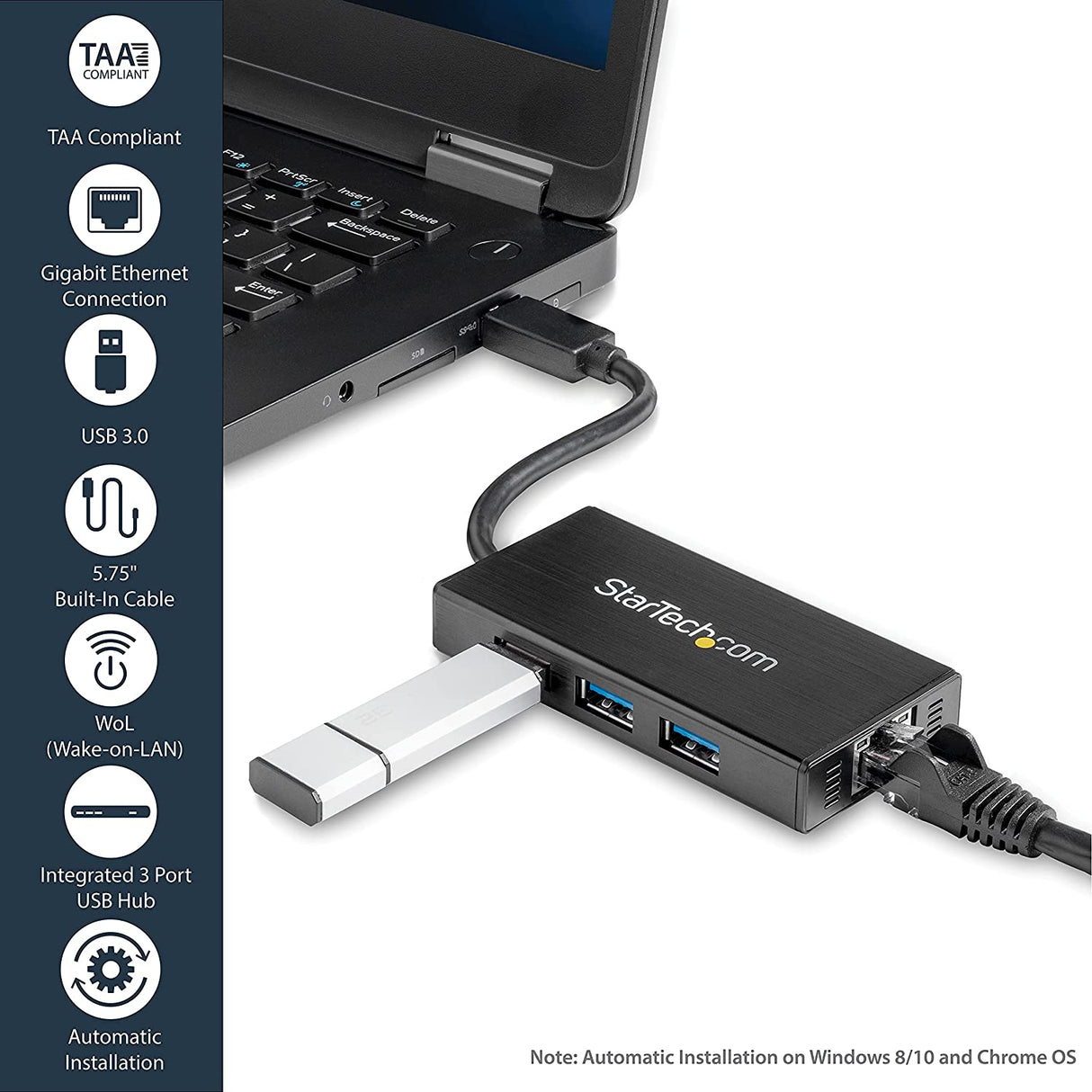 StarTech.com USB 3.0 Hub with Gigabit Ethernet Adapter - 3 Port - NIC - USB Network / LAN Adapter - Windows & Mac Compatible (ST3300GU3B) Black Black w/ 3 USB Ports