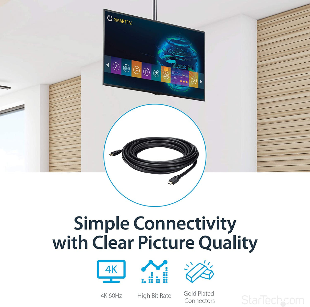 StarTech.com 35ft Plenum Rated HDMI Cable, 4K High Speed Long HDMI Cord w/ Ethernet, 4K30 UHD, 10.2 Gbps, HDCP 1.4, In Wall Plenum HDMI 1.4 Display Cable, HDMI to HDMI Computer to TV Cable (HDPMM25) 35 ft / 10.5m