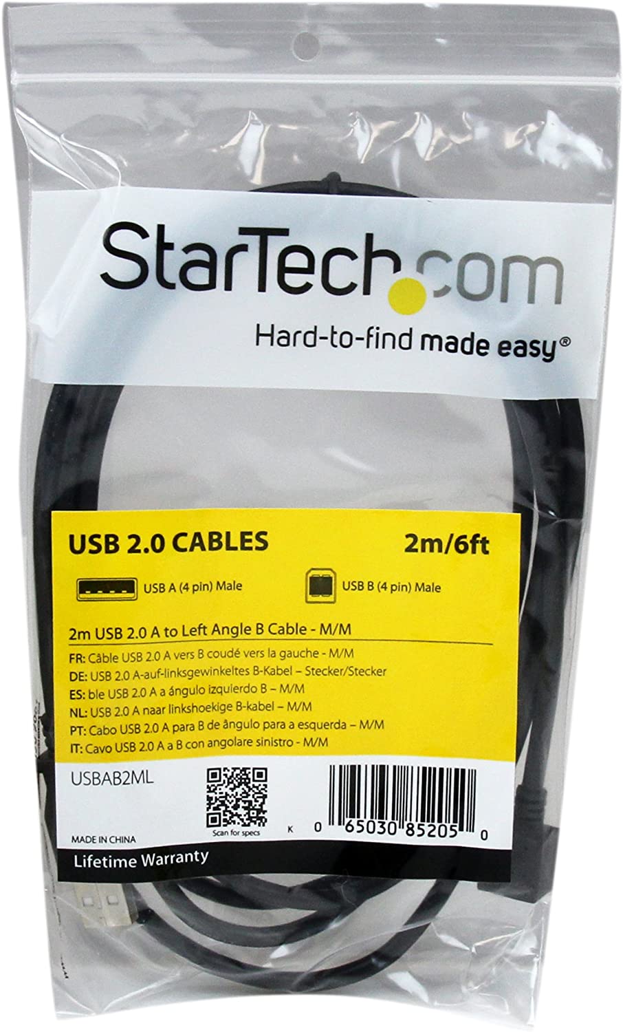 StarTech.com 2m USB 2.0 A to Left Angle B Cable Cord - 2 m USB Printer Cable - Left Angle USB B Cable - 1x USB A (M), 1x USB B (M) (USBAB2ML),Black Left Angled Connector 6 ft / 2m