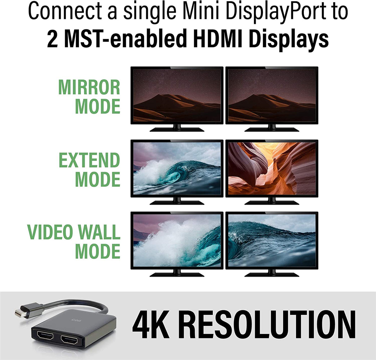 C2g/ cables to go C2G Mini Display Port to HDMI Monitor Splitter, 4K, 2 Port, USB Powered, MST, Not Compatible with Mac OS, Cables to Go 54292, Black Mini DisplayPort Dual HDMI Hub Black