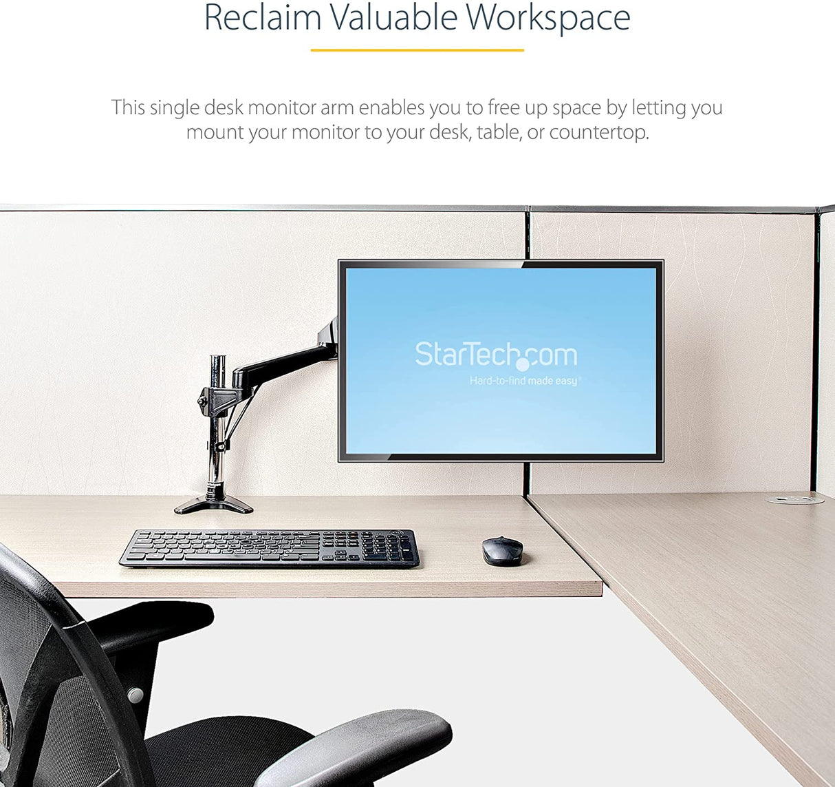 StarTech.com Desk Mount Monitor Arm for Single VESA Display up to 32" or 49" Ultrawide 8kg/17.6lb - Full Motion Articulating & Height Adjustable - C-Clamp, Grommet - Single Monitor Arm (ARMPIVOTE2)