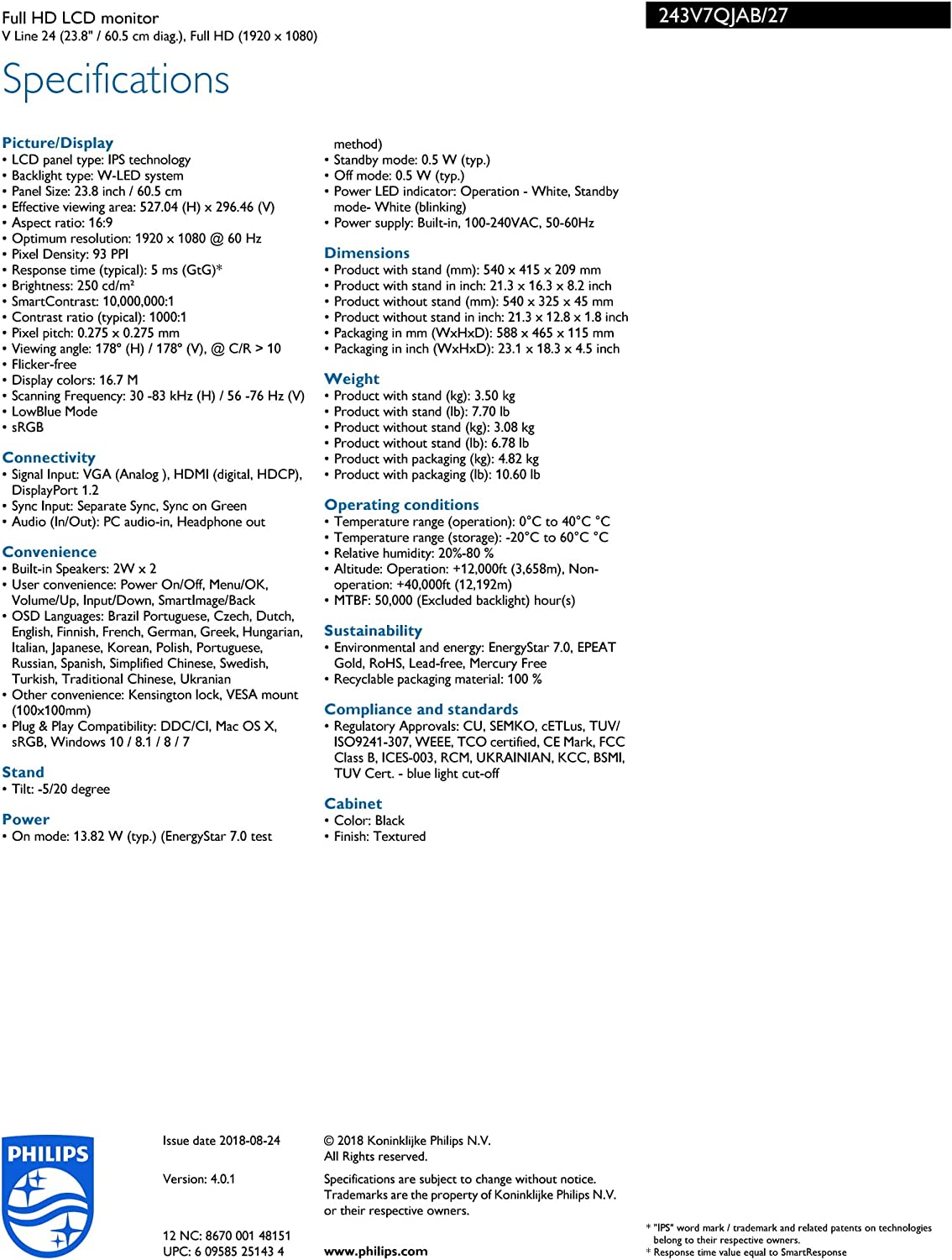 Philips 243V7QJAB 24" Monitor, Full HD, Edge-to-Edge IPS, Built-in Speakers, VESA, EnergyStar Most Efficient 2017, 4Yr Advance Replacement Warranty