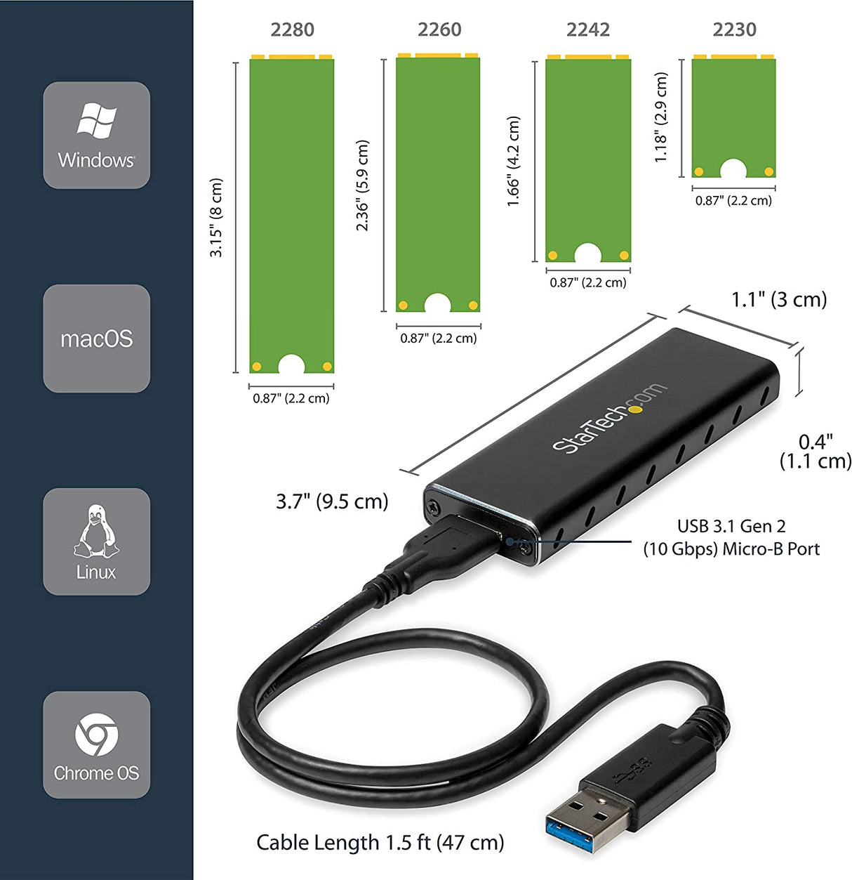 StarTech.com M.2 SSD Aluminum Enclosure to USB 3.0 (5Gbps) with UASP - M.2 NGFF SATA with B Key & B+M Key - External M.2 Portable Enclosure (SM2NGFFMBU33), Black USB-A M.2 SATA