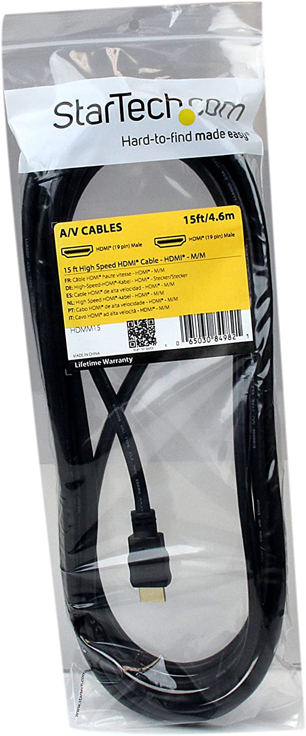 StarTech.com 15ft (4.6m) HDMI Cable - 4K High Speed HDMI Cable with Ethernet - UHD 4K 30Hz Video - HDMI 1.4 Cable - Ultra HD HDMI Monitors, Projectors, TVs & Displays - Black HDMI Cord - M/M (HDMM15) 15 ft / 4.5m
