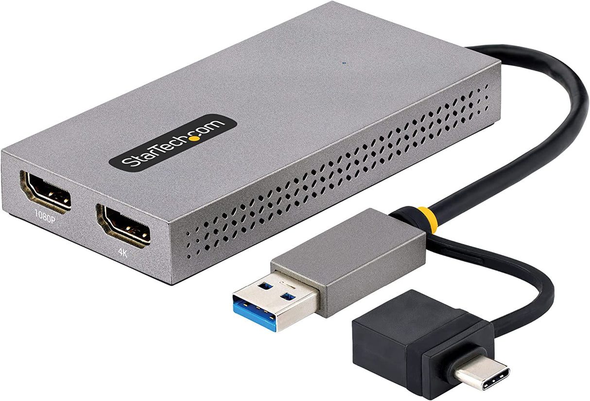StarTech.com USB to Dual HDMI Adapter, USB A/C to 2x HDMI Displays (1x 4K30Hz, 1x 1080p), Integrated USB-A to C Dongle, 4in/11cm Cable, USB 3.0 to HDMI Display Adapter, Windows & macOS (107B-USB-HDMI) 2x HDMI | USB 3.0 | Mac & Windows OS