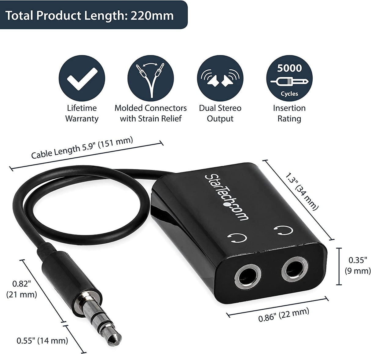 StarTech.com Black Slim Mini Jack Headphone Splitter Cable Adapter - 3.5mm Audio Mini Stereo Y Splitter - 3.5mm Male to 2x 3.5mm Female (MUY1MFFADP) Adapter Black