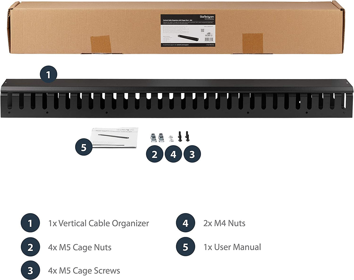 StarTech.com 3ft (1m) Vertical Cable Management Duct with Cover - 0U Open Slot Finger Duct Wire Raceway for 19 Inch Server Rack - Slotted Cord Channel (CMVER20UF)